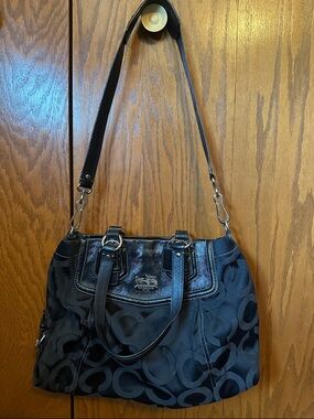 Coach Black Signature Shoulder Bag with Leather Trim